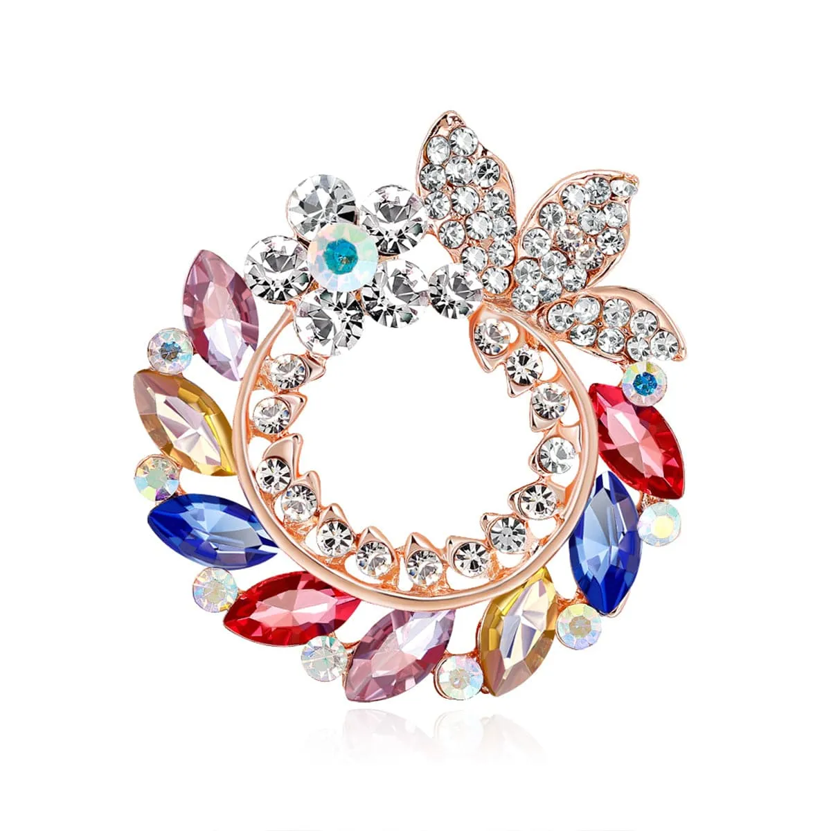 Blue & Pink Crystal & Cubic Zirconia Floral Wreath Brooch