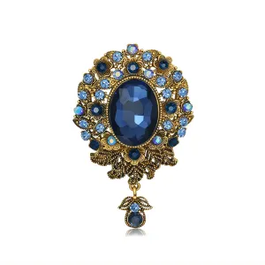 Blue Crystal & Cubic Zirconia 18K Gold-Plated Flower Oval Drop Brooch