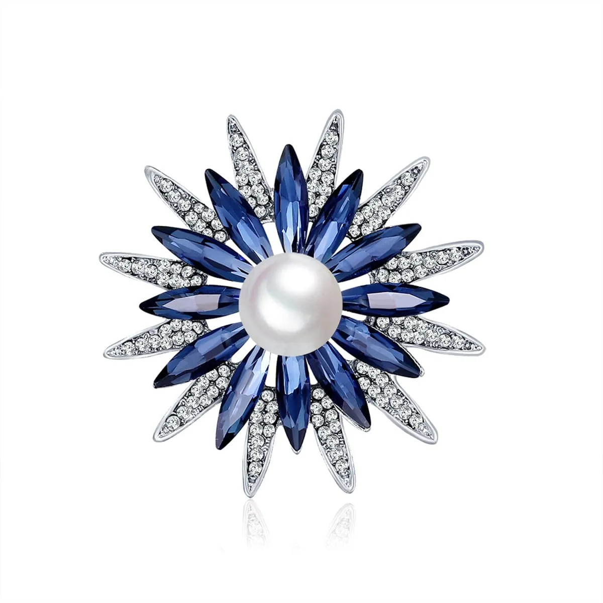 Blue Crystal & Cubic Zirconia Pearl Silver-Plated Flower Brooch