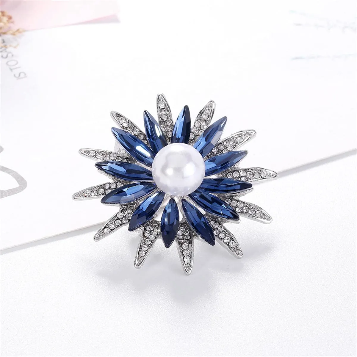 Blue Crystal & Cubic Zirconia Pearl Silver-Plated Flower Brooch