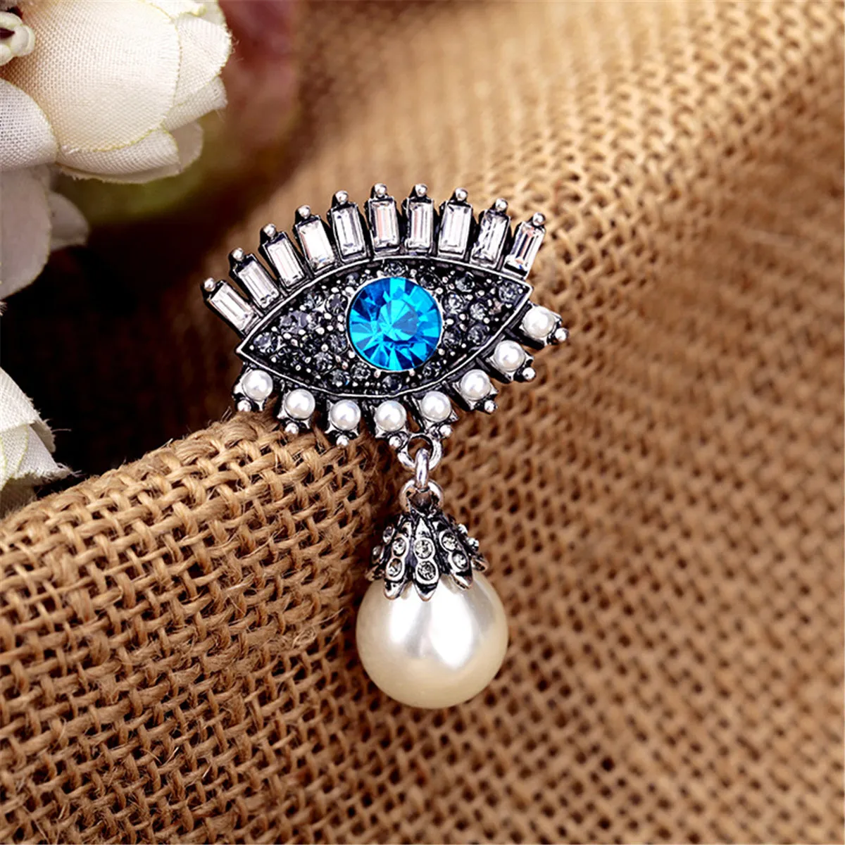Blue Crystal & Pearl Silver-Plated Eye & Drop Brooch