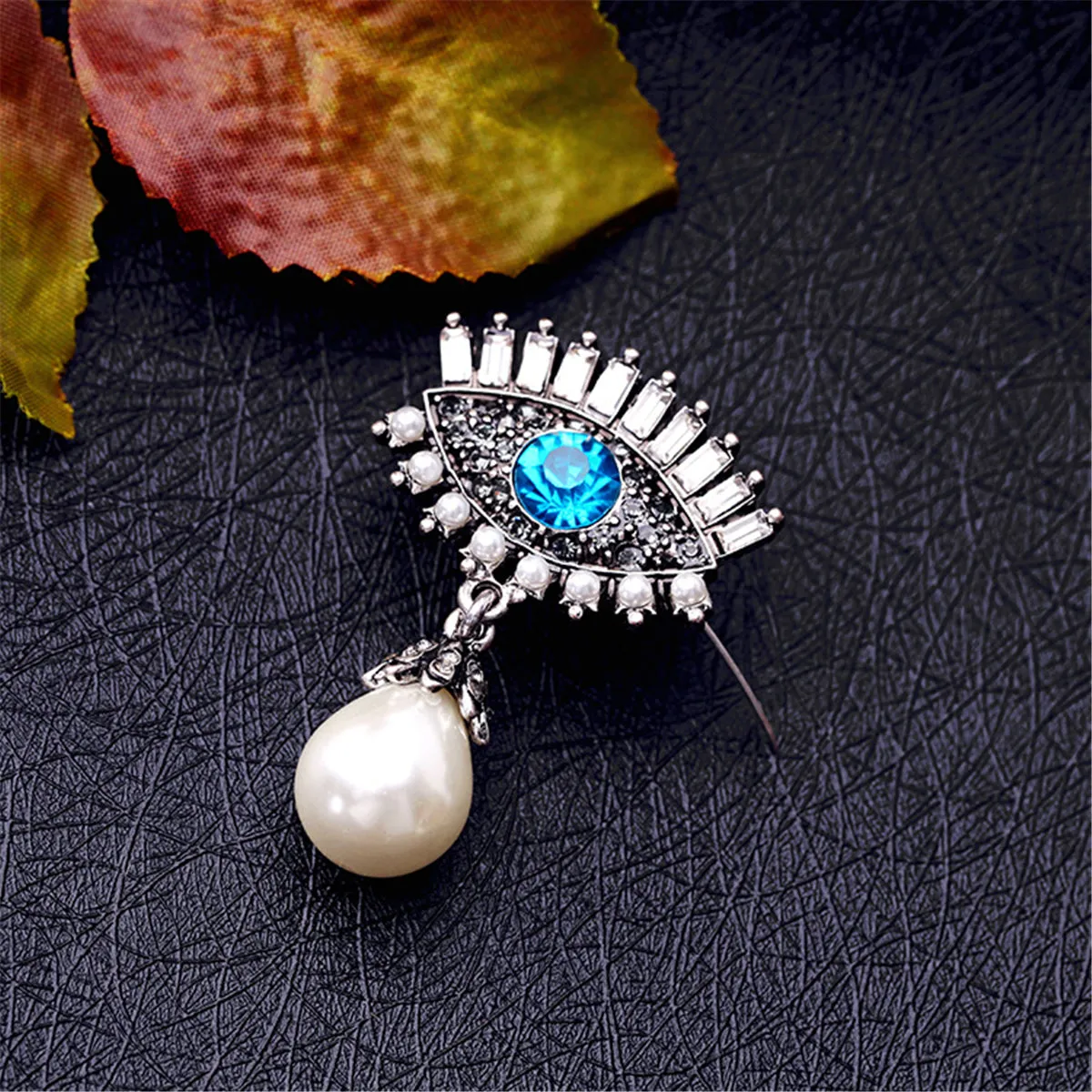 Blue Crystal & Pearl Silver-Plated Eye & Drop Brooch