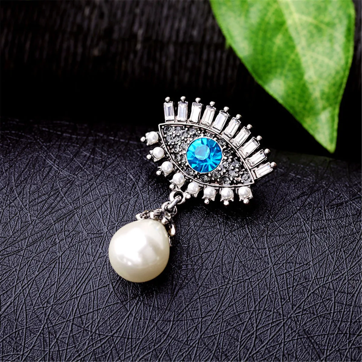 Blue Crystal & Pearl Silver-Plated Eye & Drop Brooch
