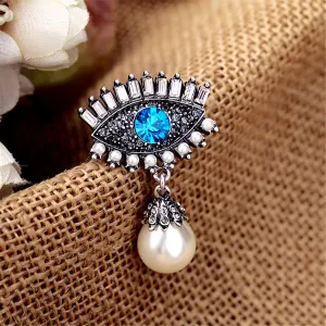 Blue Crystal & Pearl Silver-Plated Eye & Drop Brooch