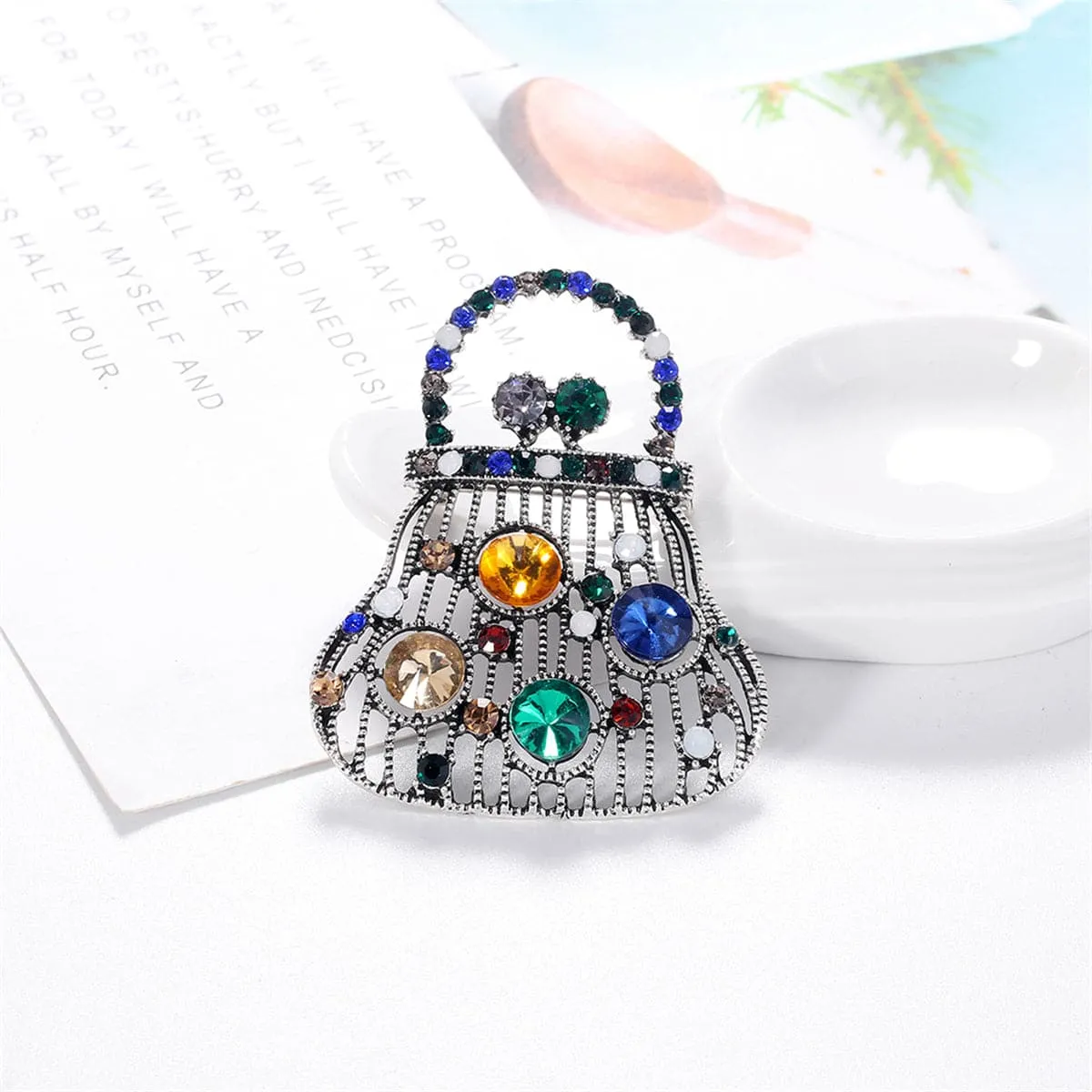 Blue Crystal & Silver-Plated Open Handbag Brooch