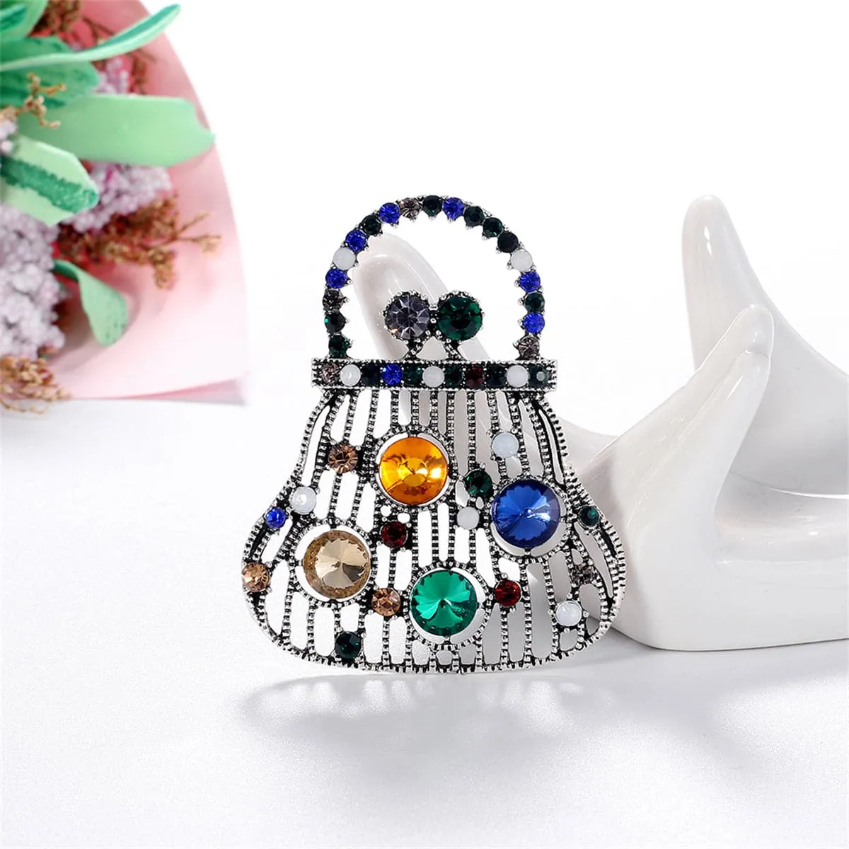 Blue Crystal & Silver-Plated Open Handbag Brooch