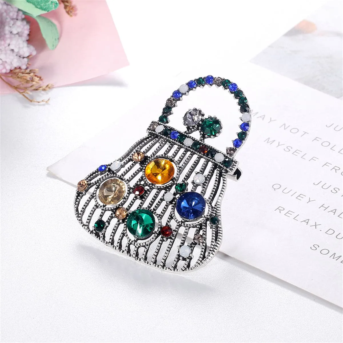 Blue Crystal & Silver-Plated Open Handbag Brooch