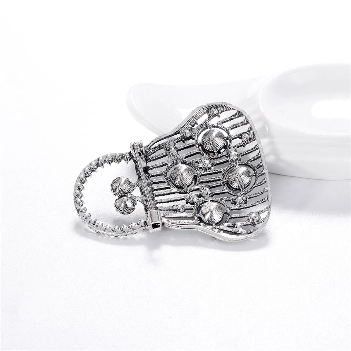 Blue Crystal & Silver-Plated Open Handbag Brooch