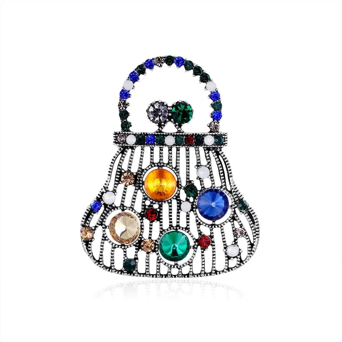 Blue Crystal & Silver-Plated Open Handbag Brooch