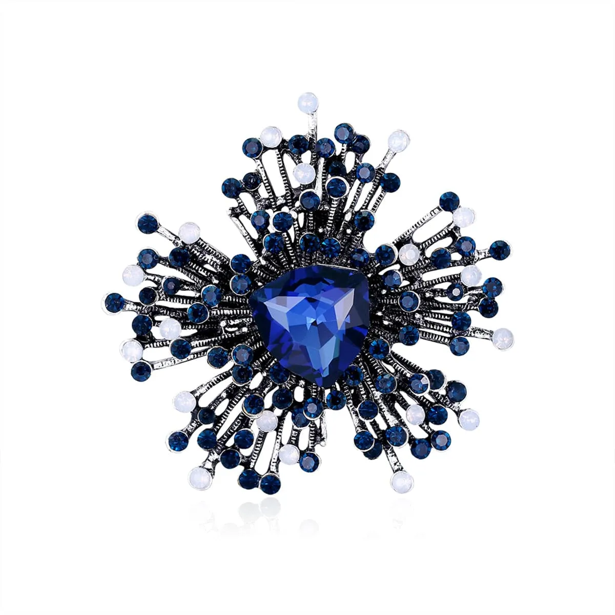 Blue Cubic Zirconia & Silver-Plated Flower Brooch