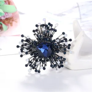 Blue Cubic Zirconia & Silver-Plated Flower Brooch