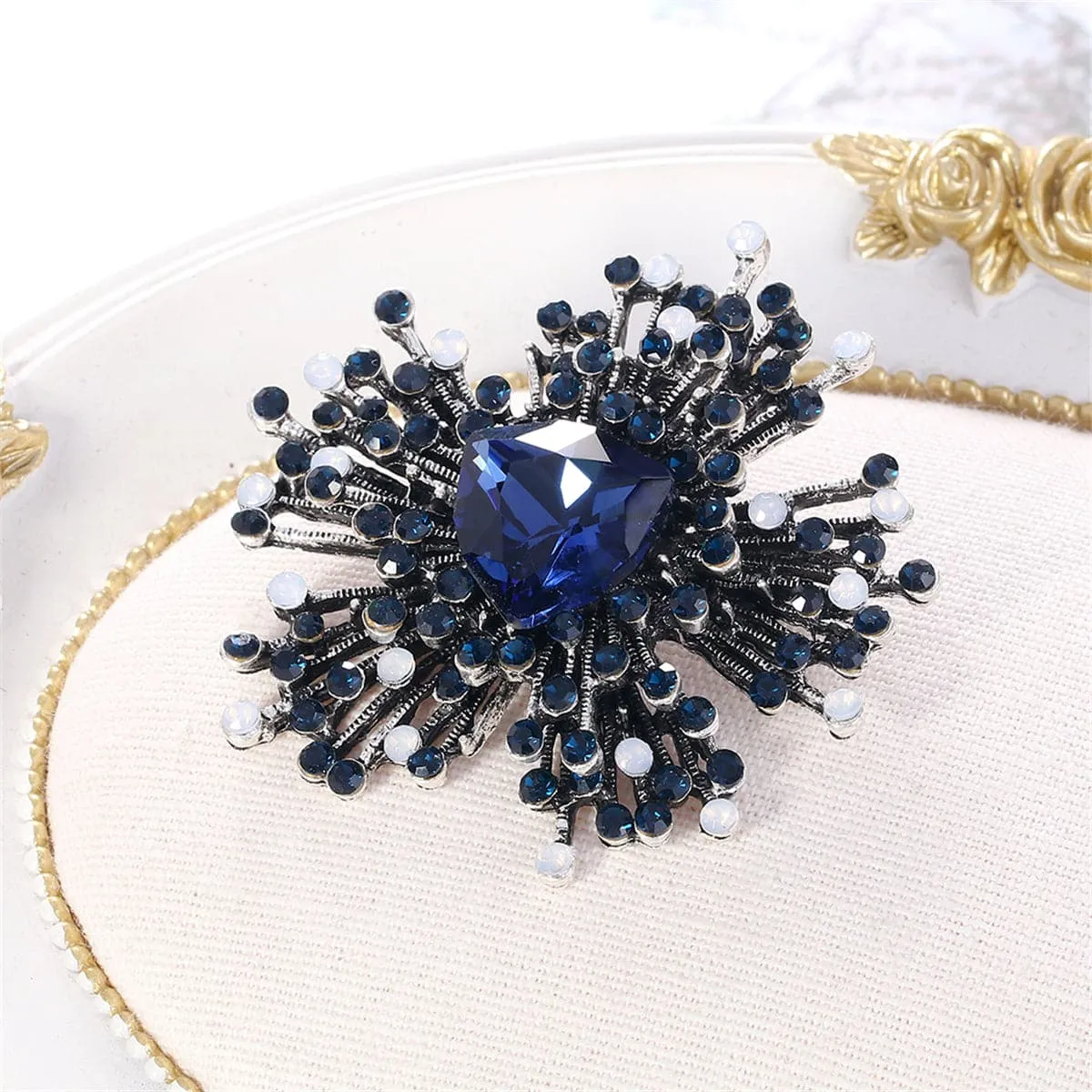 Blue Cubic Zirconia & Silver-Plated Flower Brooch
