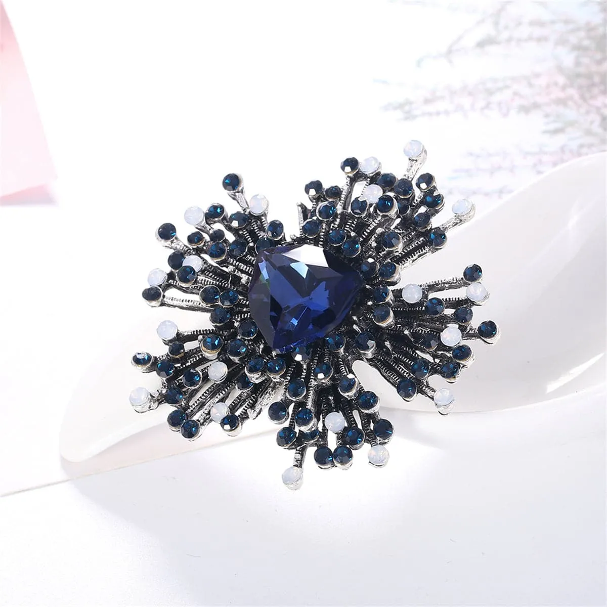 Blue Cubic Zirconia & Silver-Plated Flower Brooch