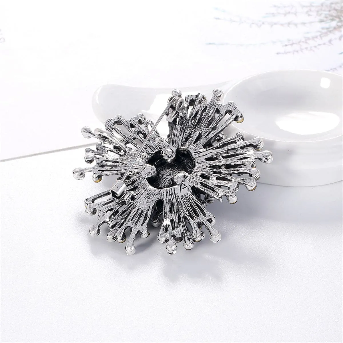 Blue Cubic Zirconia & Silver-Plated Flower Brooch