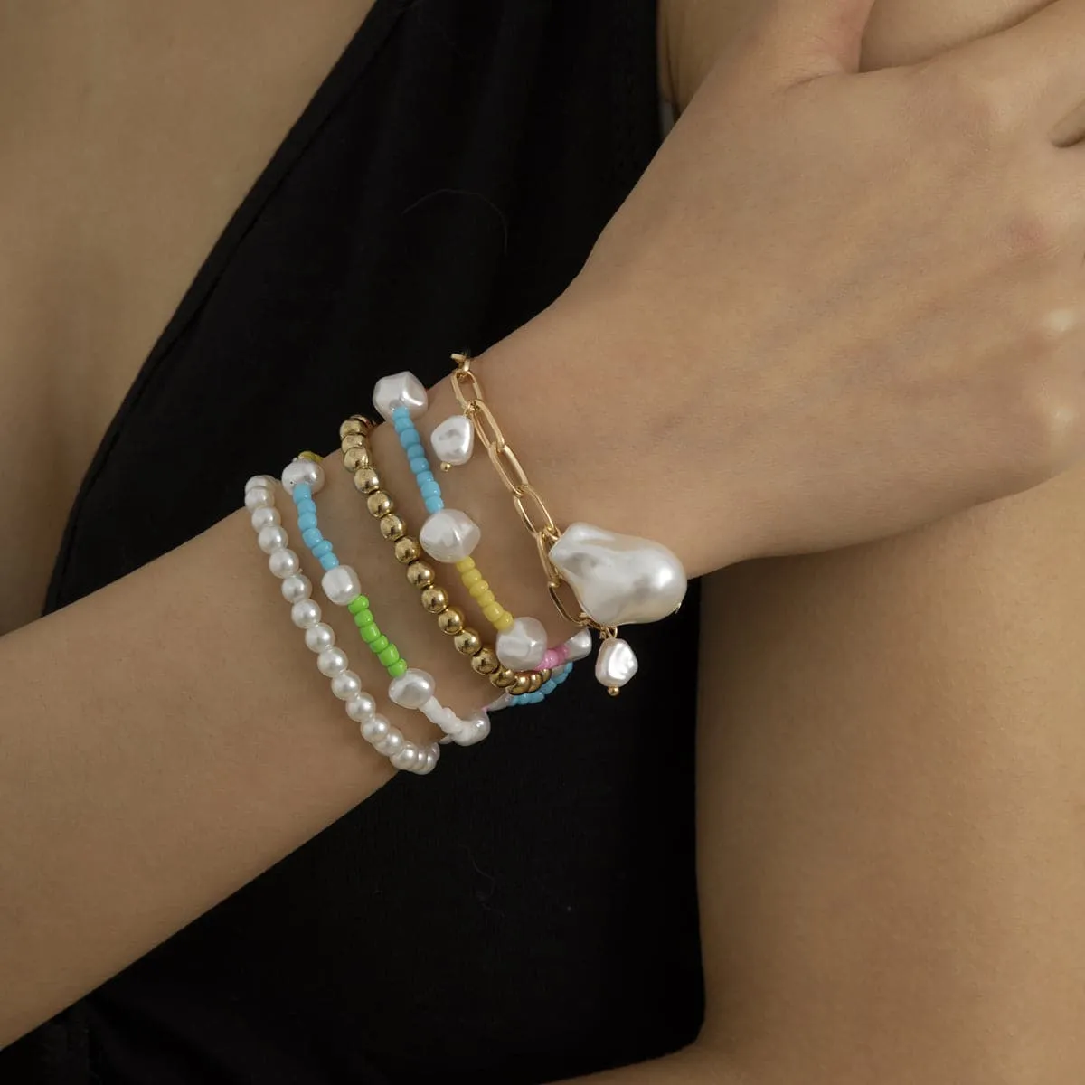 Blue Howlite & Pearl Color Block Beaded Stretch Bracelet Set