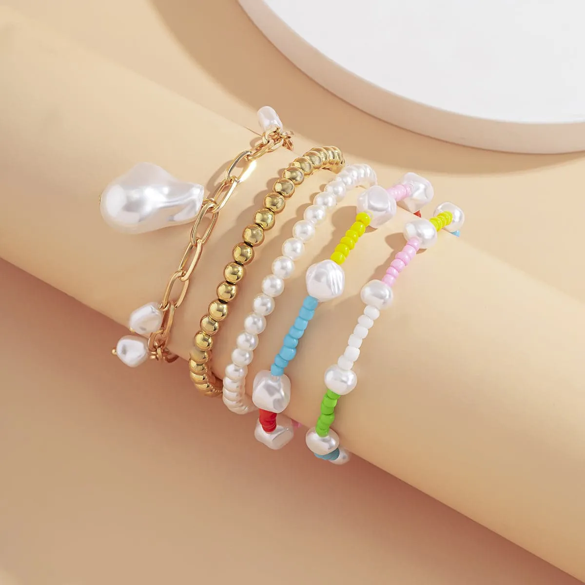 Blue Howlite & Pearl Color Block Beaded Stretch Bracelet Set