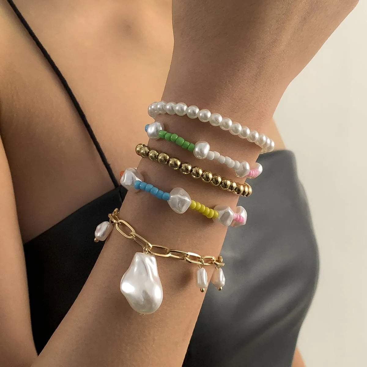 Blue Howlite & Pearl Color Block Beaded Stretch Bracelet Set