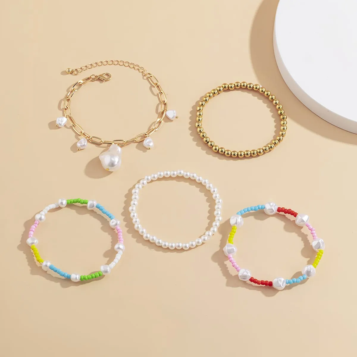 Blue Howlite & Pearl Color Block Beaded Stretch Bracelet Set