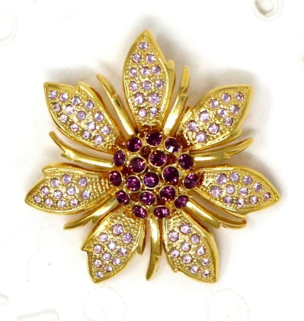 Brooch / Pin, Purple Rhinestones Flower, Large Purple Center & Lilac Petals, Gold-Tone