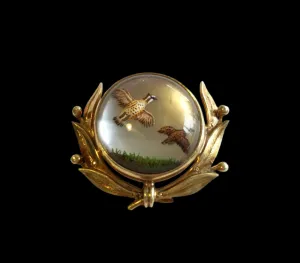 Brooch Reverse Carved Painted Crystal Brace of Quail 14 kt Yellow Gold