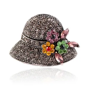 Brown Cubic Zirconia & Crystal Silver-Plated Flower Hat Brooch