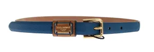 Brown Leather Gold Buckle Logo Waist Belt