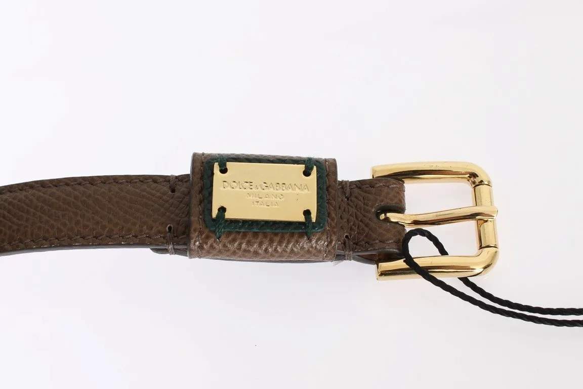 Brown Leather Gold Buckle Logo Waist Belt