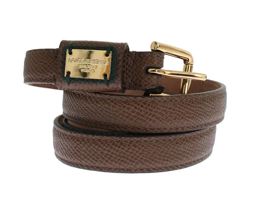 Brown Leather Gold Buckle Logo Waist Belt