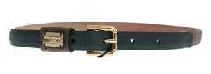 Brown Leather Gold Buckle Logo Waist Belt
