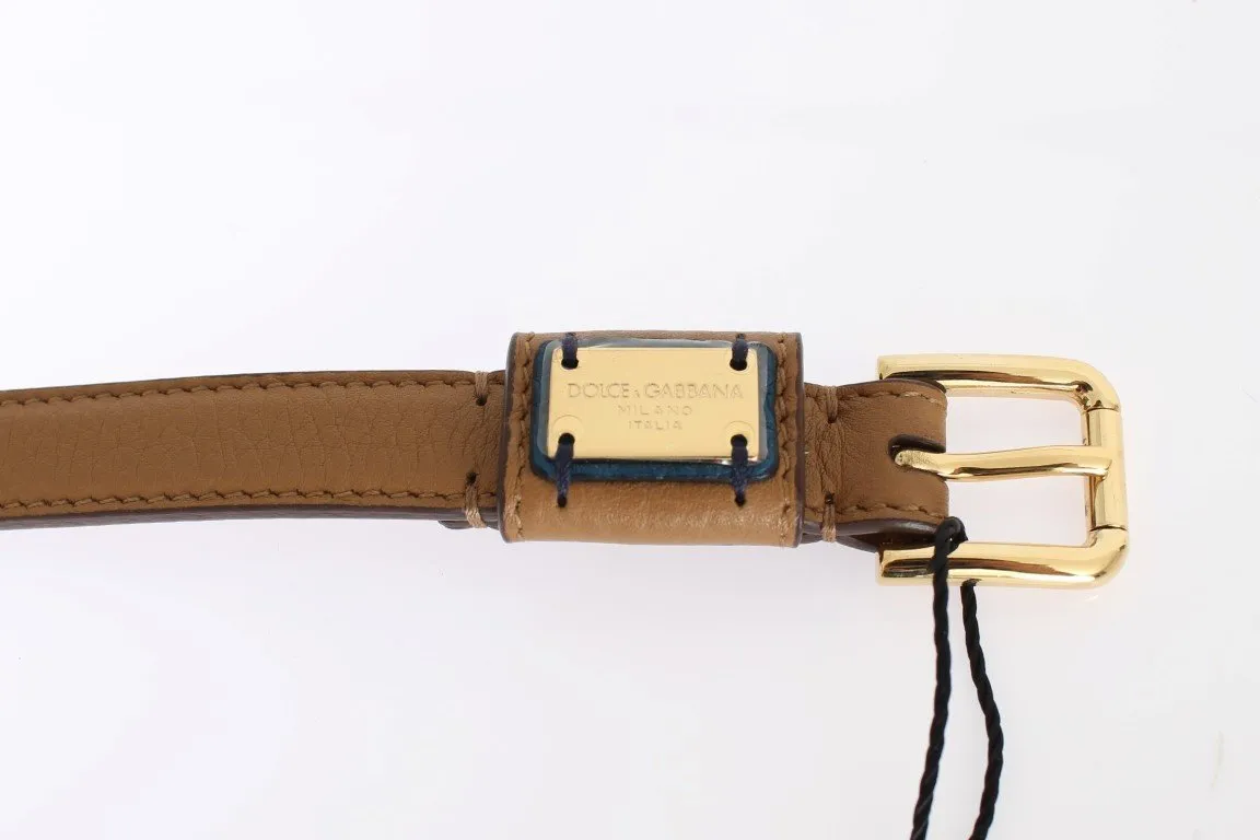 Brown Leather Gold Buckle Logo Waist Belt