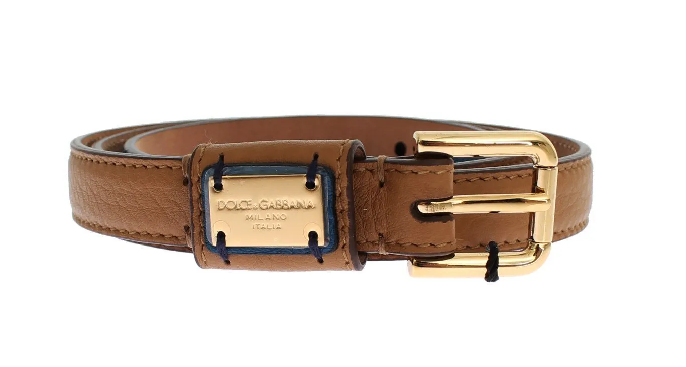 Brown Leather Gold Buckle Logo Waist Belt