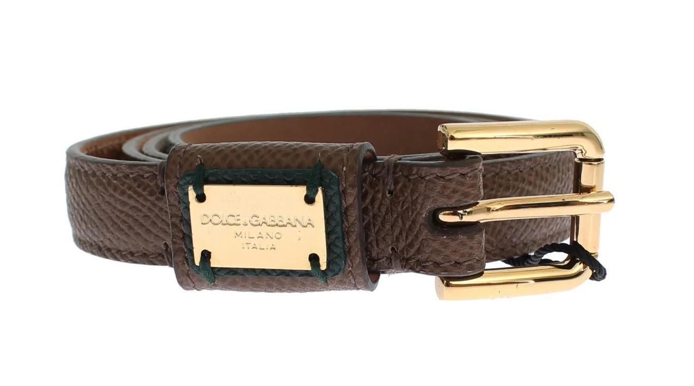 Brown Leather Gold Buckle Logo Waist Belt