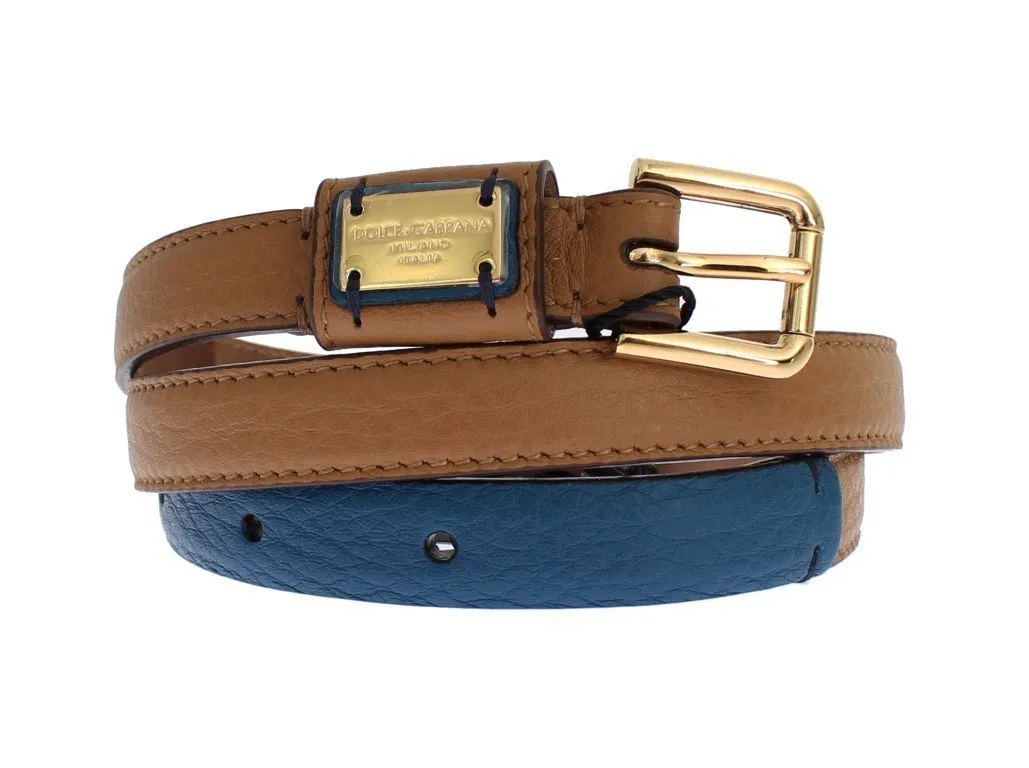 Brown Leather Gold Buckle Logo Waist Belt
