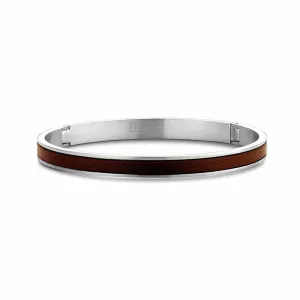 Brown Leather inlaid hinged Mens Bangle