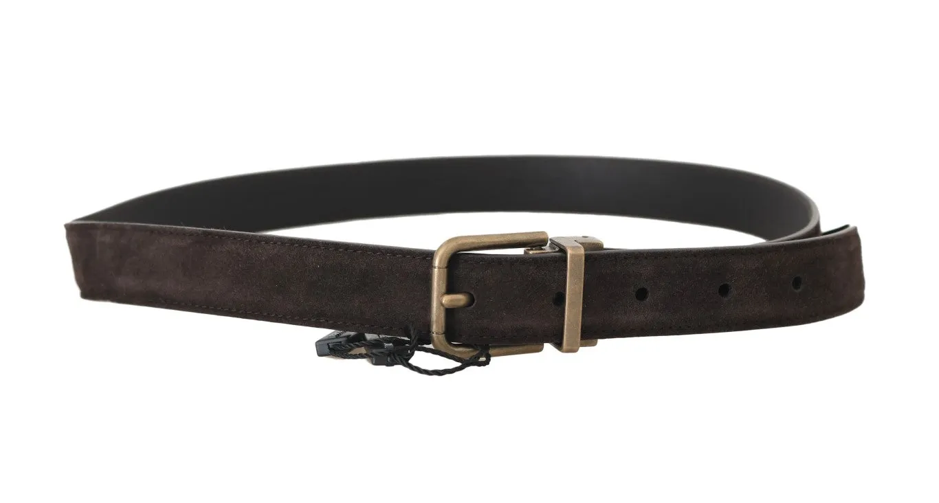 Brown Suede Leather Gold Buckle Mens Belt