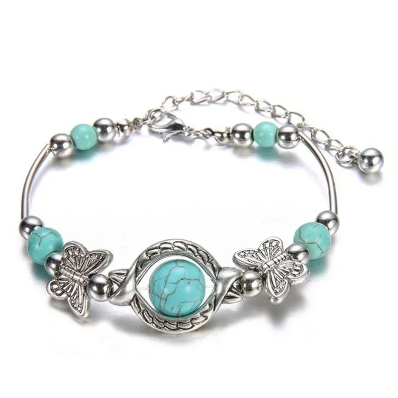 Butterfly Carved Beaded Turquoise Hand Chain Bracelet for Women