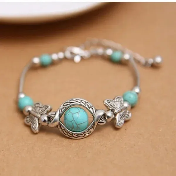 Butterfly Carved Beaded Turquoise Hand Chain Bracelet for Women
