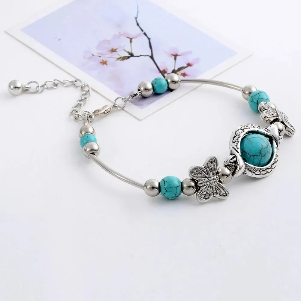 Butterfly Carved Beaded Turquoise Hand Chain Bracelet for Women