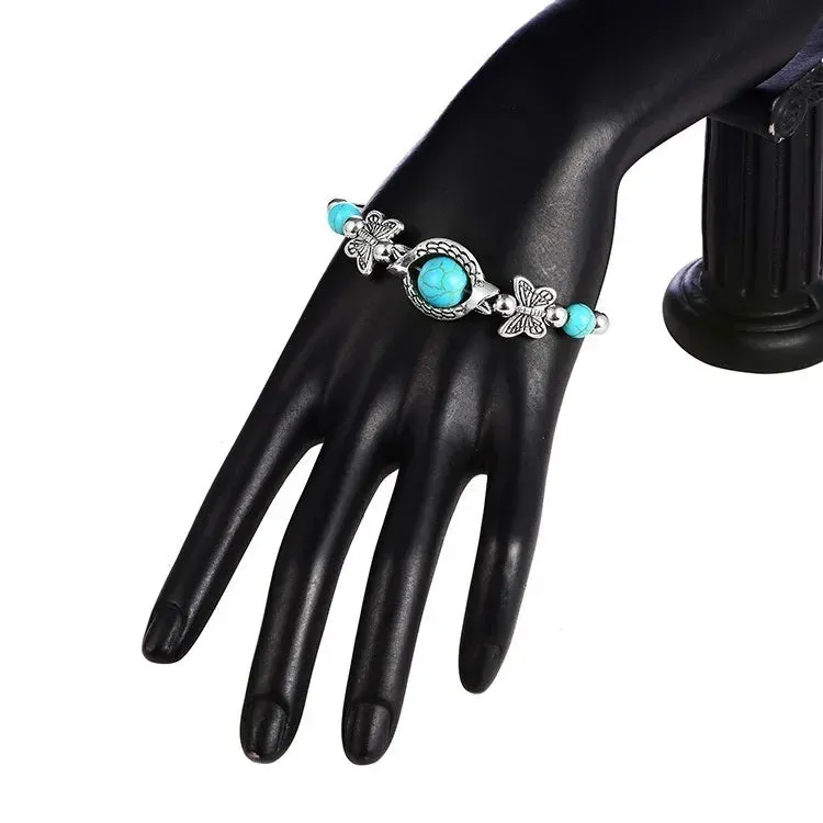Butterfly Carved Beaded Turquoise Hand Chain Bracelet for Women