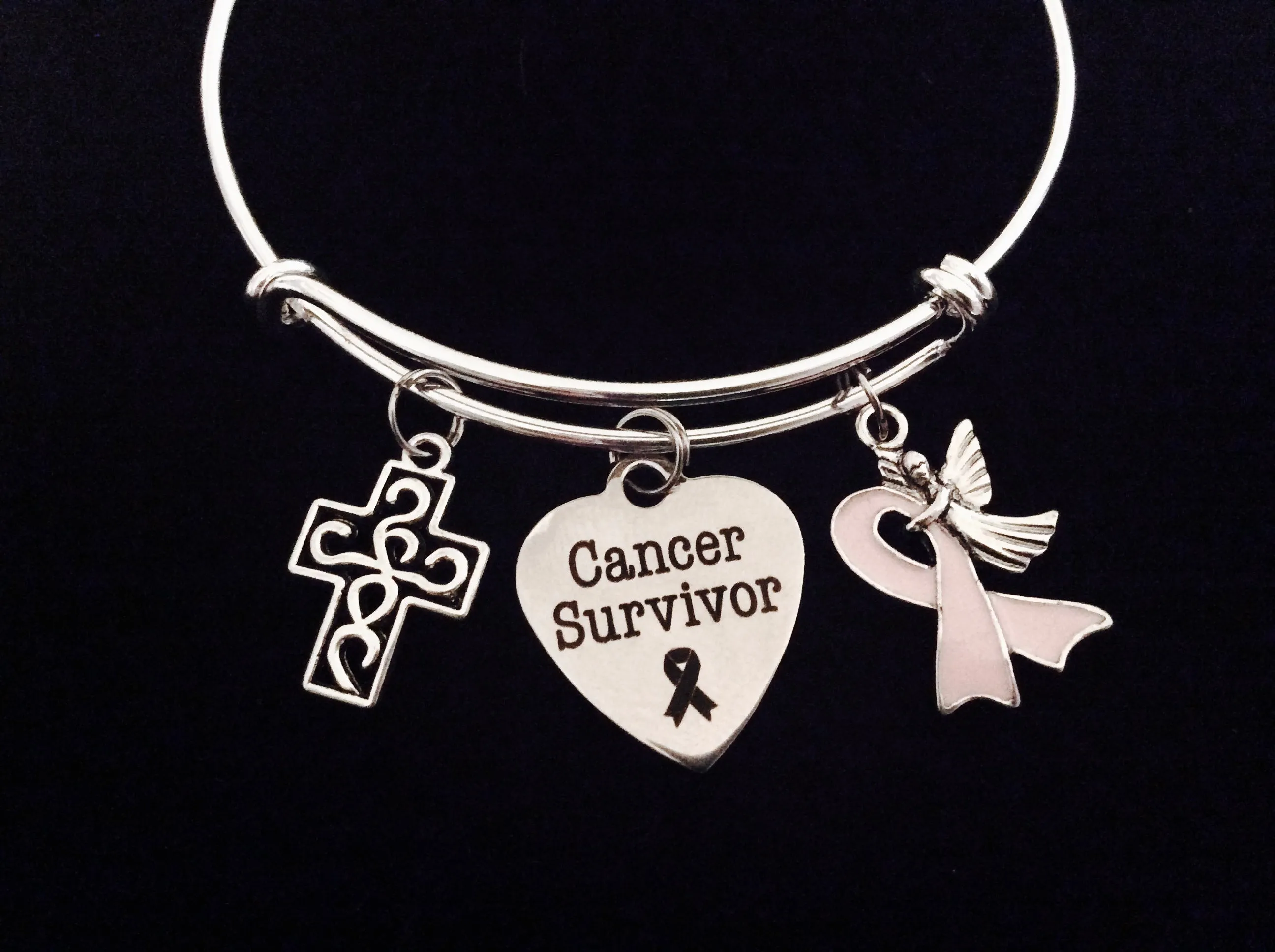 Cancer Survivor Guardian Angel Pink Awareness Ribbon Expandable Charm Bracelet Adjustable Bangle Meaningful Gift Breast Cancer Filigree Cross
