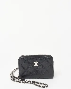 Chanel Black Caviar Leather Mini Zip Around Card Holder On Chain