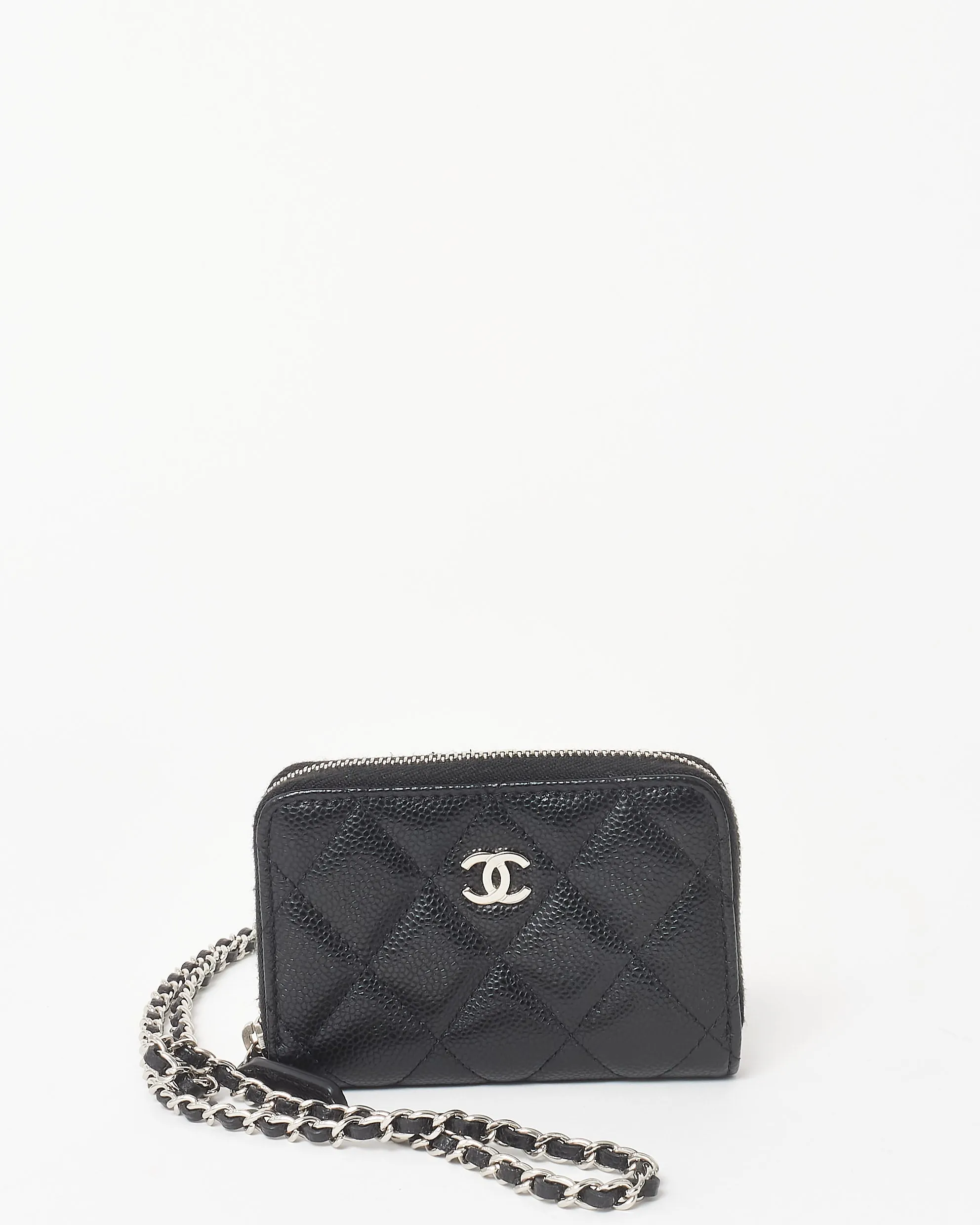 Chanel Black Caviar Leather Mini Zip Around Card Holder On Chain