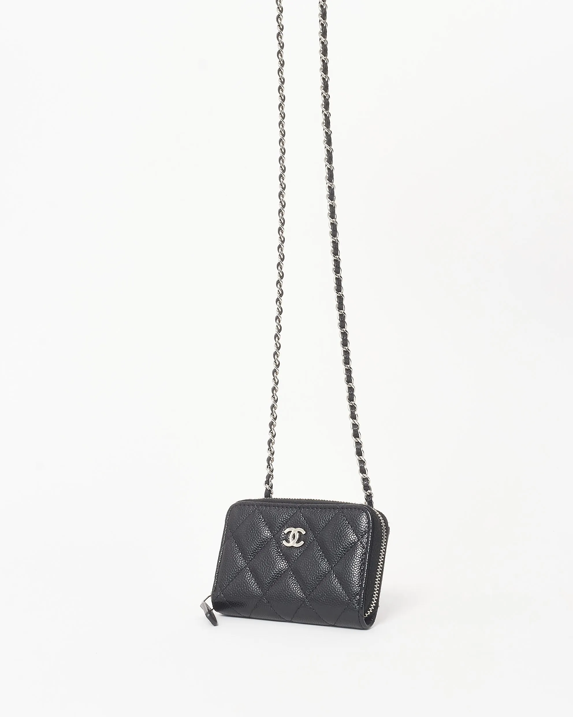 Chanel Black Caviar Leather Mini Zip Around Card Holder On Chain
