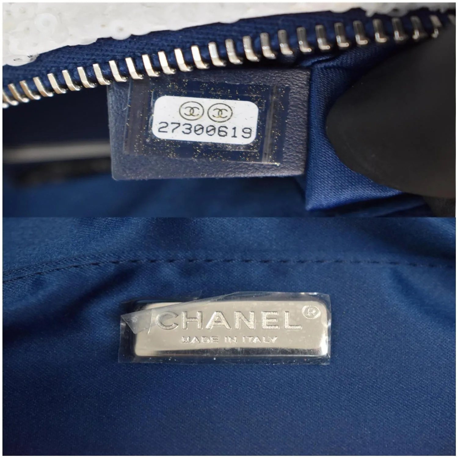 CHANEL Sequin Fanny Pack Leather Waist Bag Blue/White