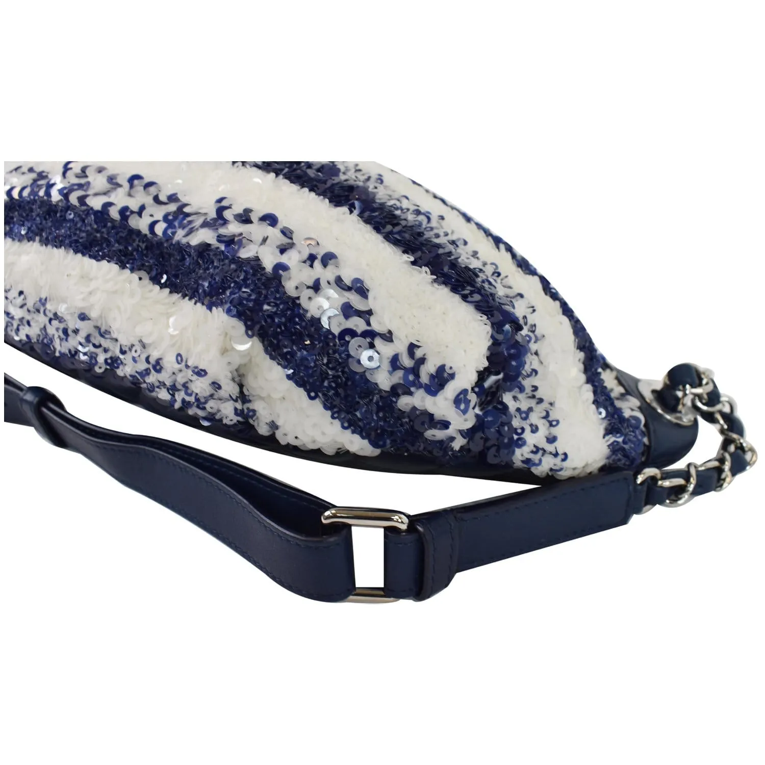 CHANEL Sequin Fanny Pack Leather Waist Bag Blue/White