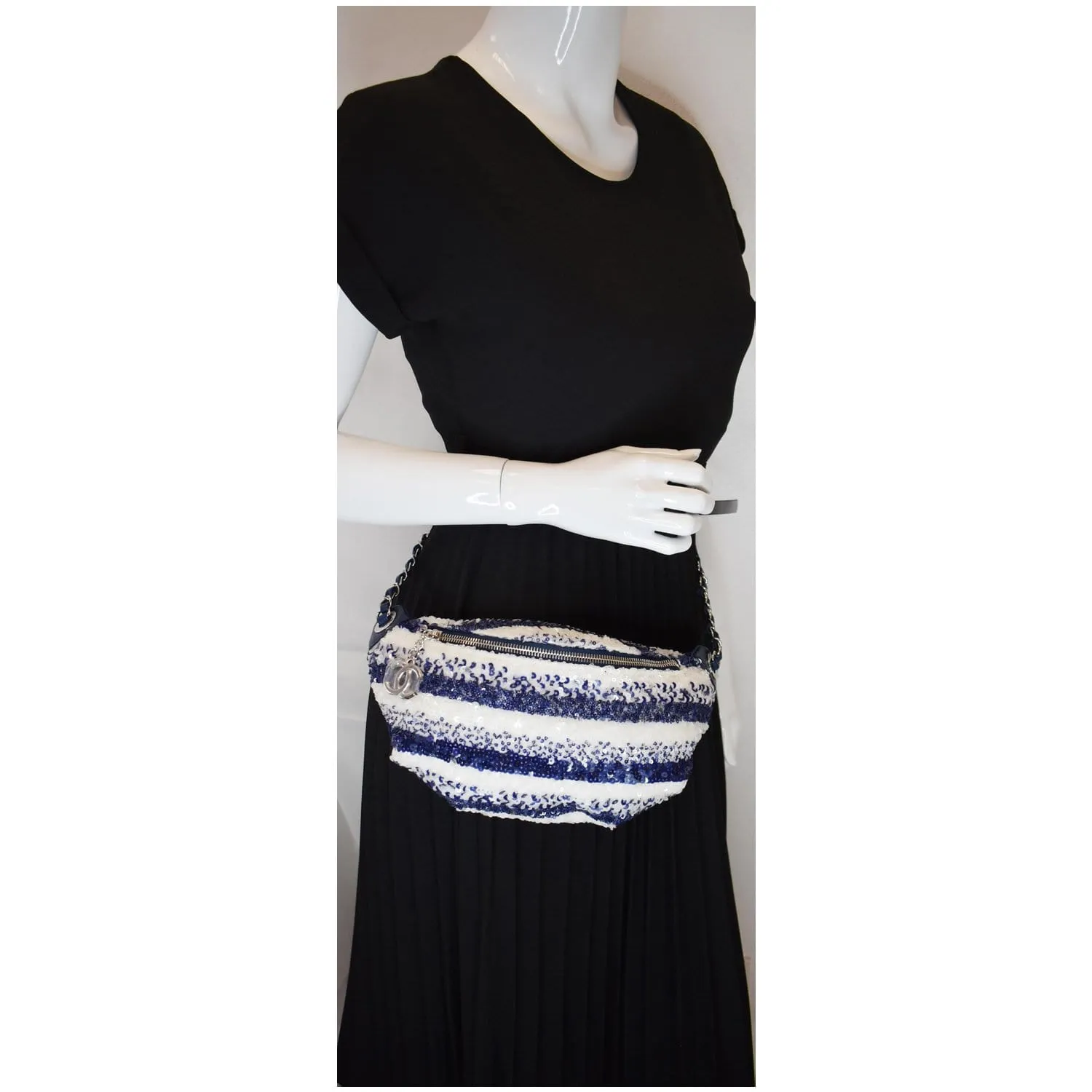 CHANEL Sequin Fanny Pack Leather Waist Bag Blue/White