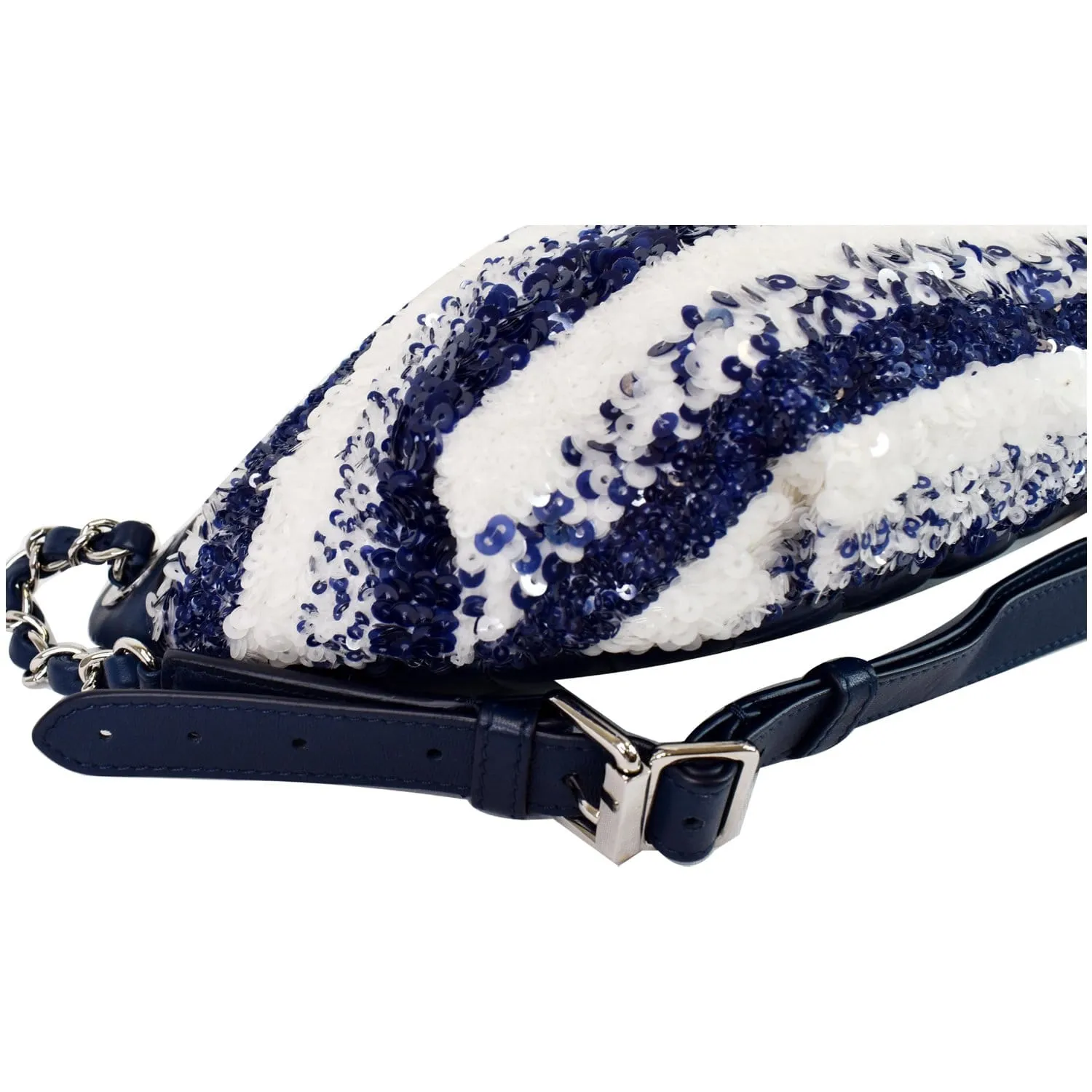 CHANEL Sequin Fanny Pack Leather Waist Bag Blue/White