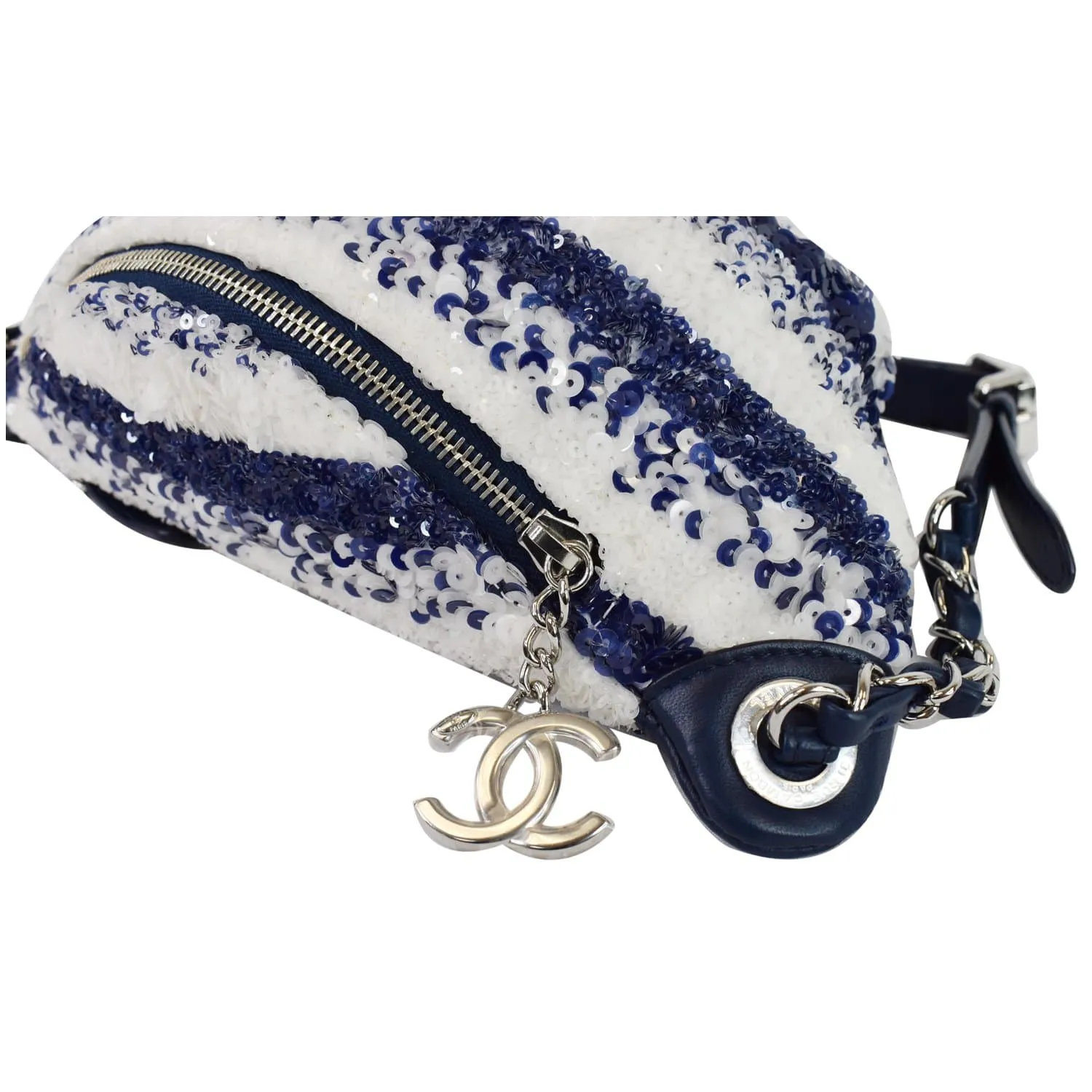 CHANEL Sequin Fanny Pack Leather Waist Bag Blue/White