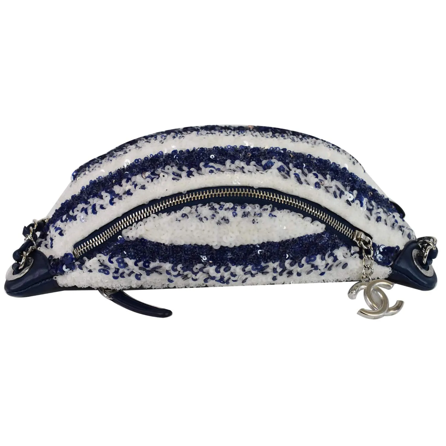 CHANEL Sequin Fanny Pack Leather Waist Bag Blue/White