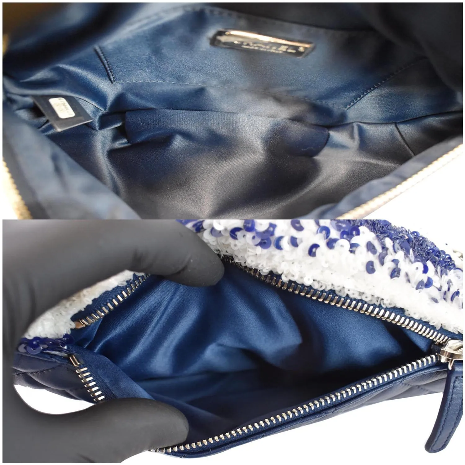 CHANEL Sequin Fanny Pack Leather Waist Bag Blue/White